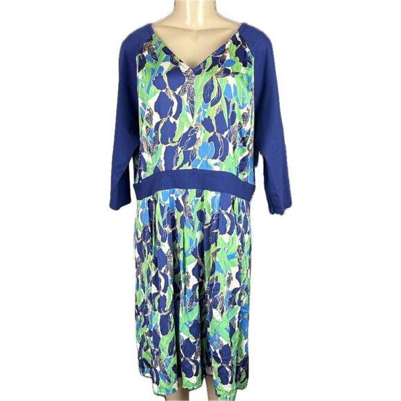 Joe Zee XL Blue-Green Abstract Floral V-Neck 3/4 Raglan Sleeve Below Knee Dress - Picture 2 of 6